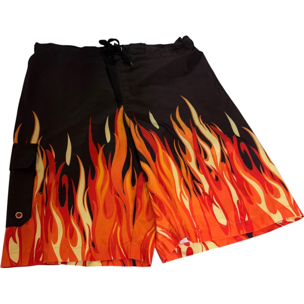 Original Deluxe Mens Flame Print Board Shorts Black Orange Fire Swim Trunks M